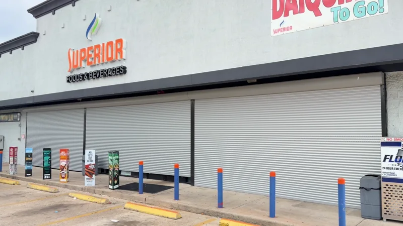Wide storefront with installed Rolluu shutters